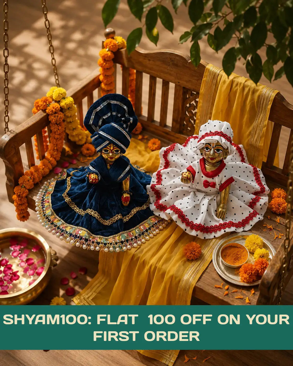 Laddu Gopal idol wearing a handmade teal and gold poshak with premium embroidery